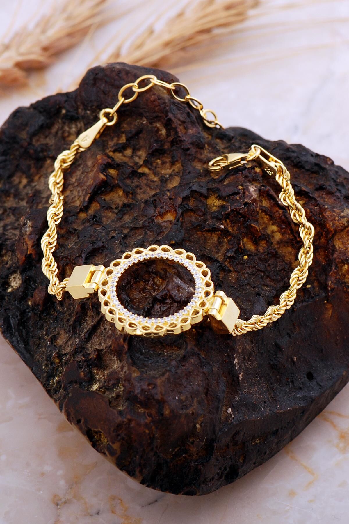 Çeyrek Çerçeveli Halat Zincir Altın Kaplama Gümüş Bileklik 4720