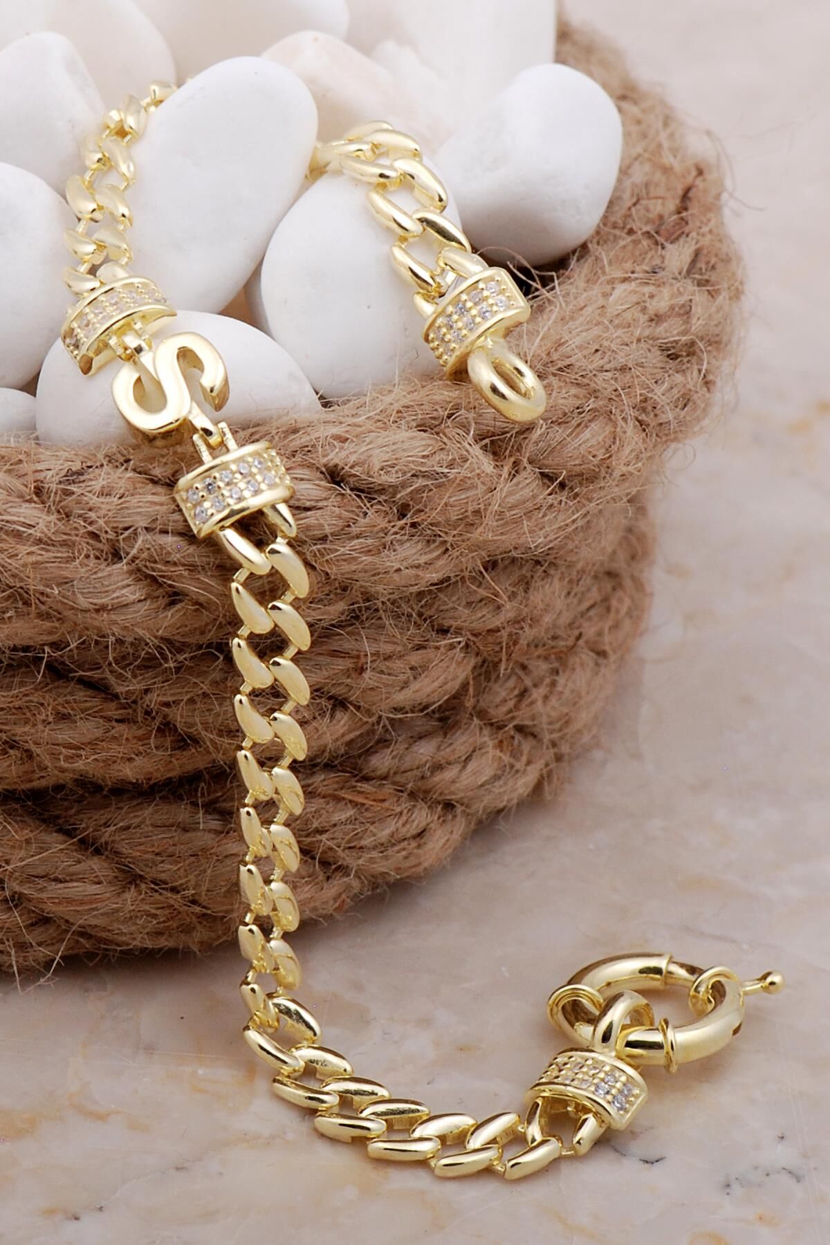 S Harfli Gurmet Altın Yaldızlı Gümüş Bileklik 4042