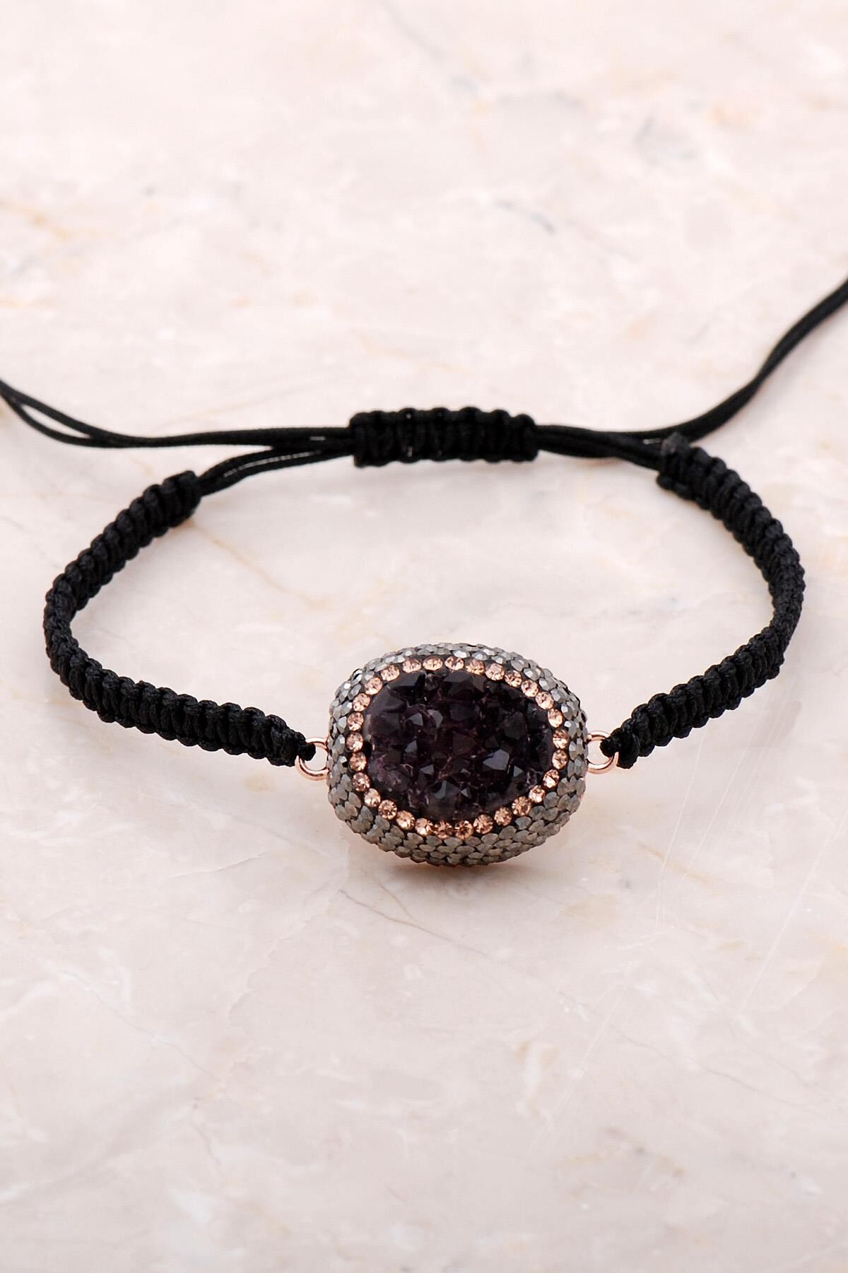 Ametist Taşlı Rose Gümüş Makrome Bileklik 3394