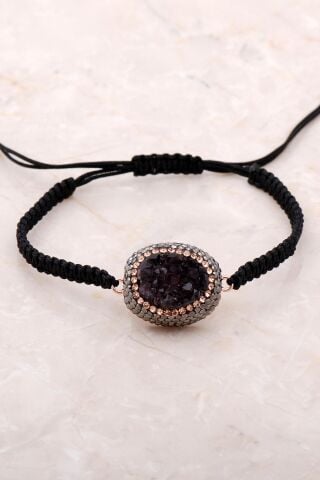 Ametist Taşlı Rose Gümüş Makrome Bileklik 3394