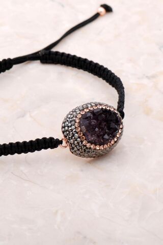 Ametist Taşlı Rose Gümüş Makrome Bileklik 3394