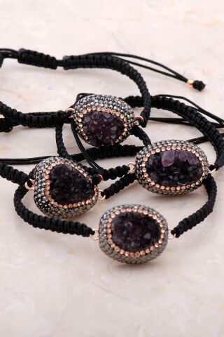 Ametist Taşlı Rose Gümüş Makrome Bileklik 3394