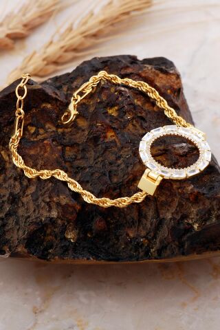 Çeyrek Çerçeveli Baget Taşlı Halat Zincir Altın Kaplama Gümüş Bileklik 4722