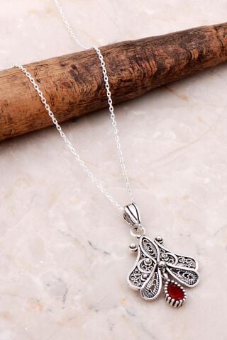 Telkari İşlemeli Elişi Gümüş Yakut Kolye 7132