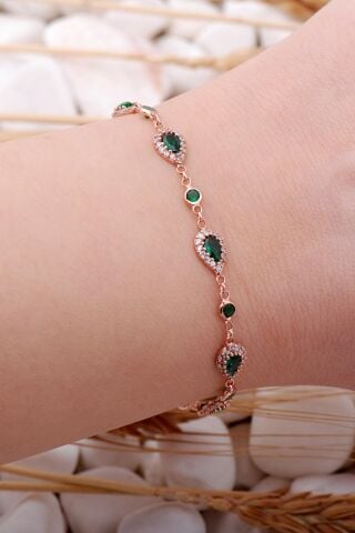 Yeşil Zirkon Damla Montürlü Rose Gümüş bileklik 3907