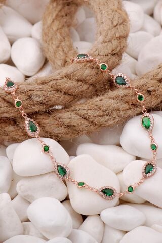 Yeşil Zirkon Damla Montürlü Rose Gümüş bileklik 3907