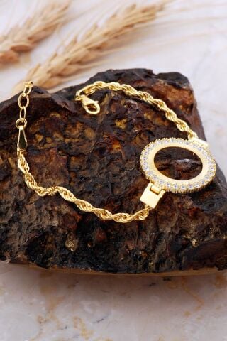 Çeyrek Çerçeveli Taşlı Halat Zincir Altın Kaplama Gümüş Bileklik 4723