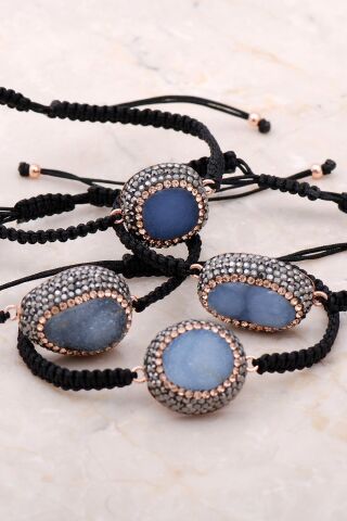 Kalsedon Taşlı Rose Gümüş Makrome Bileklik 3395