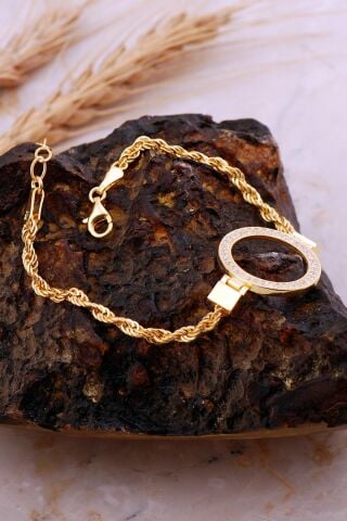 Çeyrek Çerçeveli Taşlı Halat Zincir Altın Kaplama Gümüş Bileklik 4724