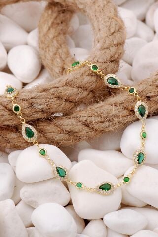 Yeşil Zirkon Damla Montürlü Altın Yaldızlı Gümüş Bileklik 3908