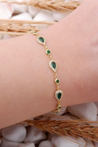 Yeşil Zirkon Damla Montürlü Altın Yaldızlı Gümüş Bileklik 3908