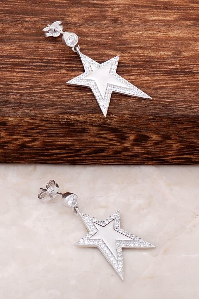 Yıldız Tasarımlı Gümüş Sallantılı Küpe 4451