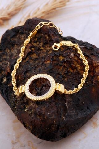 Çeyrek Çerçeveli Taşlı Halat Zincir Altın Kaplama Gümüş Bileklik 4725