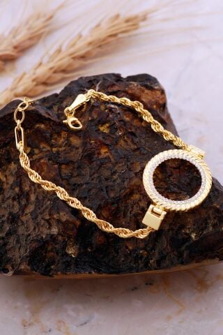 Çeyrek Çerçeveli Taşlı Halat Zincir Altın Kaplama Gümüş Bileklik 4725