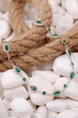 Yeşil Zirkon Damla Montürlü Rodyumlu Gümüş Bileklik 3909