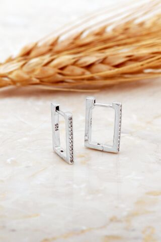 Dikdörtgen Taşlı Rodyumlu Minimal Gümüş Küpe 7177