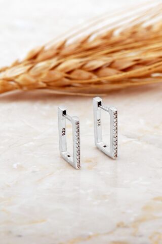 Dikdörtgen Taşlı Rodyumlu Minimal Gümüş Küpe 7177