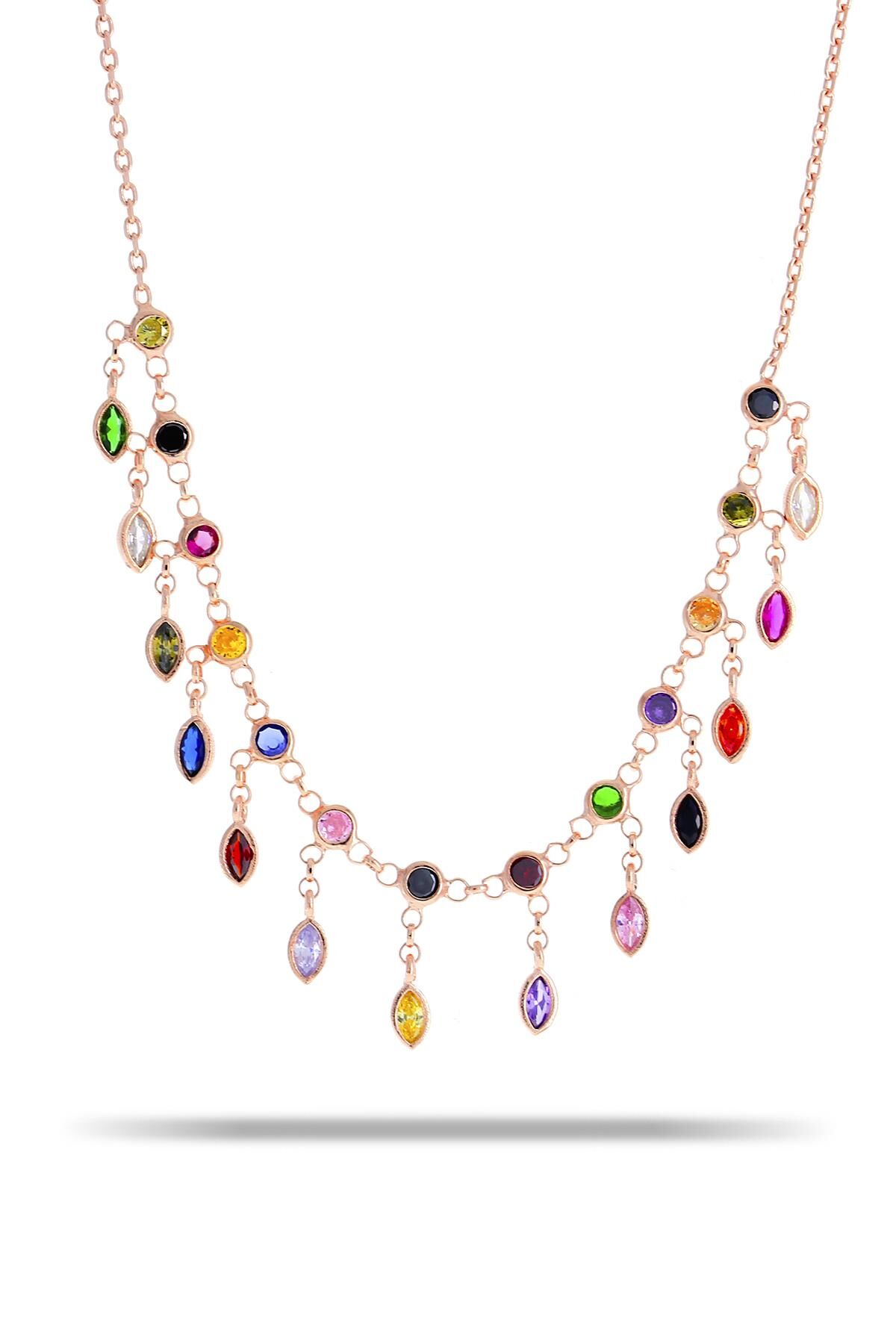 Mix Taşlı Akıtma Rose Gümüş Kolye 7324