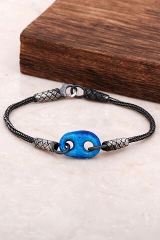 Süryani Nazar Boncuğu Kazaziye İşlemeli Gümüş Bileklik 3235