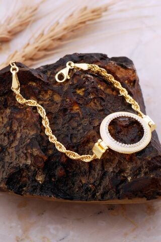 Çeyrek Çerçeveli Taşlı Halat Zincir Altın Kapalama Gümüş Bileklik 4726