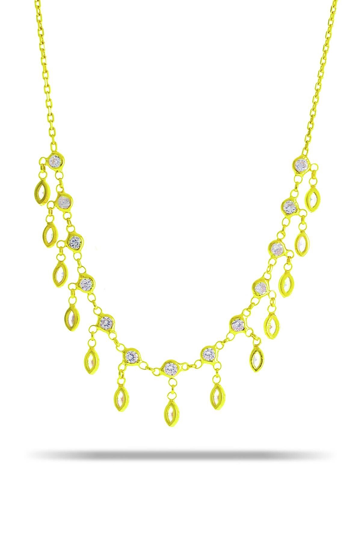 Zirkon Taşlı Akıtma Altın Yaldızlı Gümüş Kolye 7327