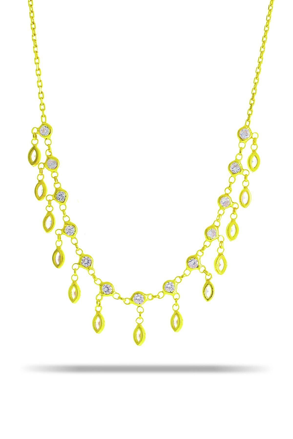 Zirkon Taşlı Akıtma Altın Yaldızlı Gümüş Kolye 7327