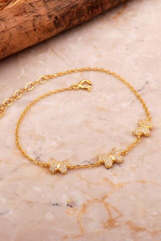 Kelebek Altın Yaldızlı Taşlı Gümüş Bileklik 4581