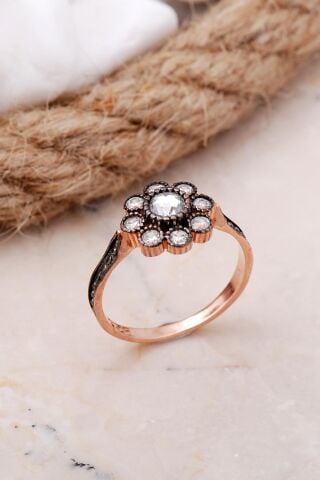 Papatya Elmas Montürlü Rose Gümüş Yüzük 3370