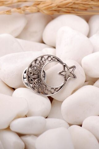 Telkari İşlemeli 23 Mm Gümüş Ay Yıldız Rozet 32