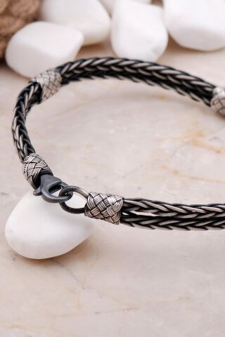 Kazaziye İşlemeli 20,5 Cm Örgü Gümüş Erkek Bileklik 3883