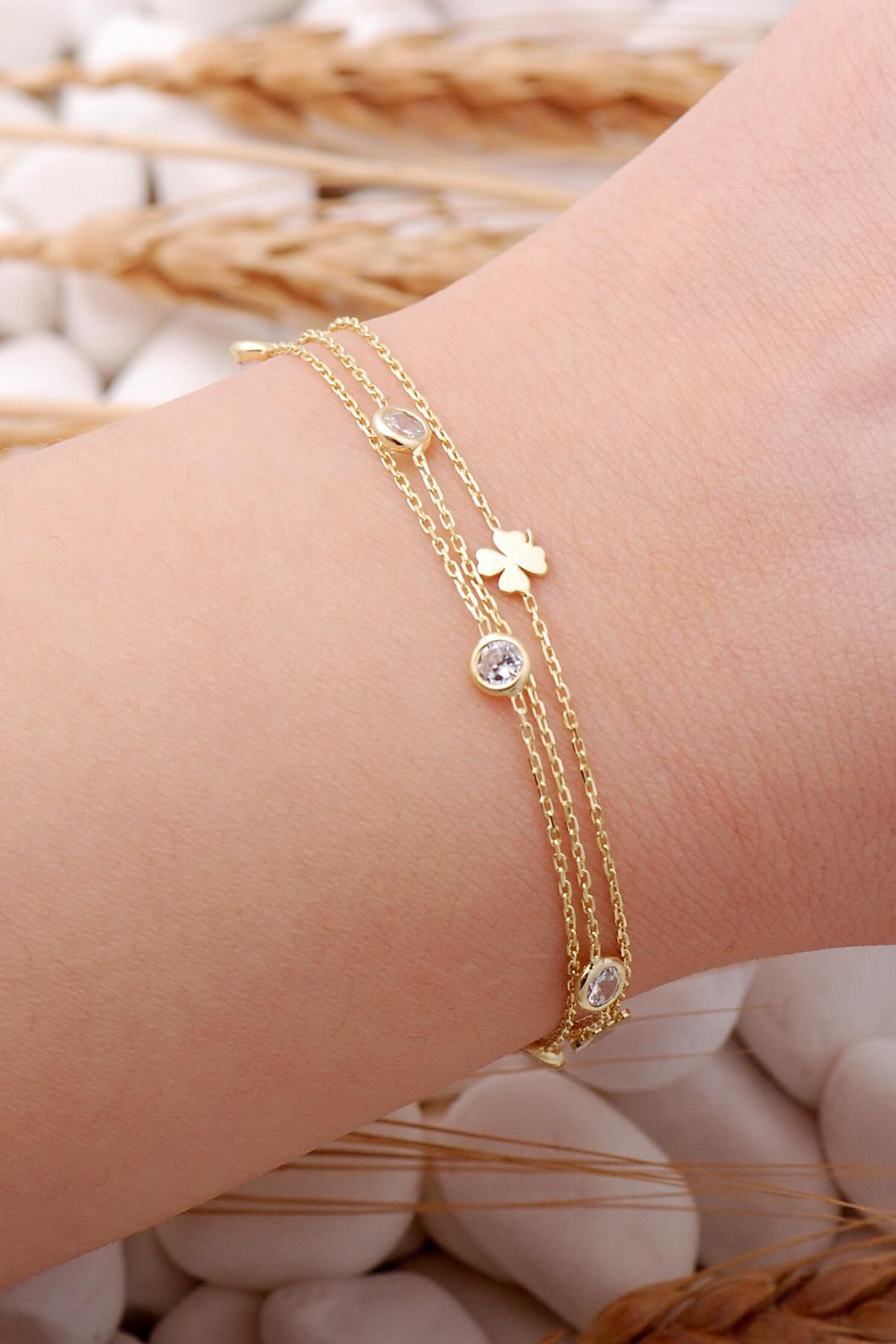 Yonca Altın Yaldızlı Taşlı Gümüş Bileklik 3914