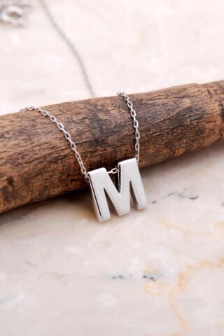 M Harfi Rodyumlu Gümüş Kolye 7880