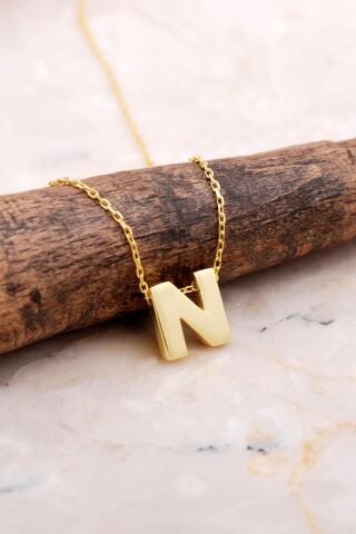 N Harfi Altın Kaplama Gümüş Kolye 7882