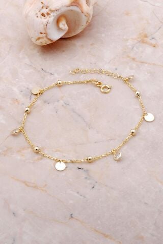 Pullu Taşlı Sallantılı Altın Yaldızlı Toplu Gümüş Bileklik 3647