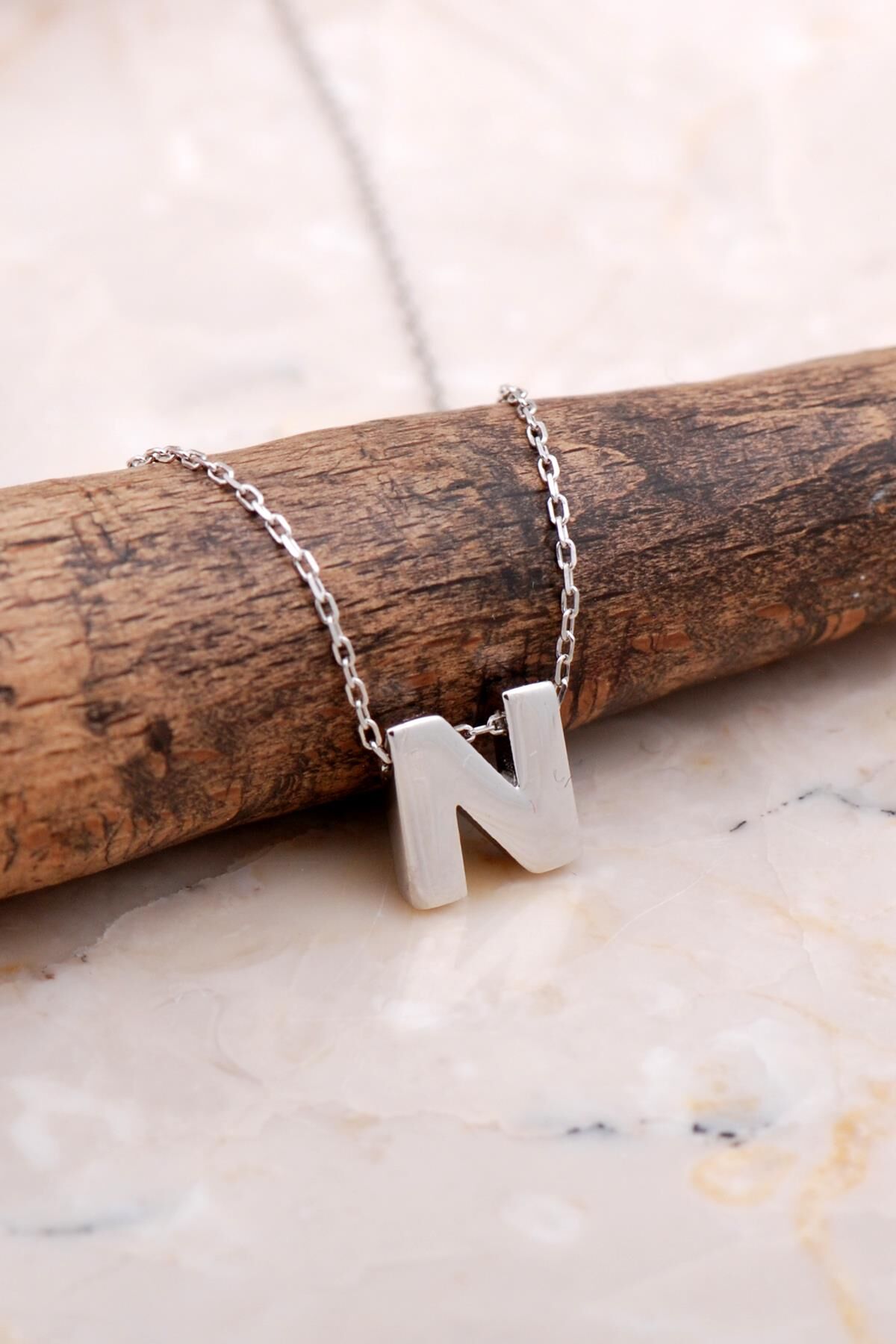 N Harfi Rodyumlu Gümüş Kolye 7883