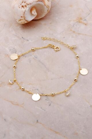 Pullu Taşlı Sallantılı Altın Yaldızlı Gümüş Toplu Bileklik 3648