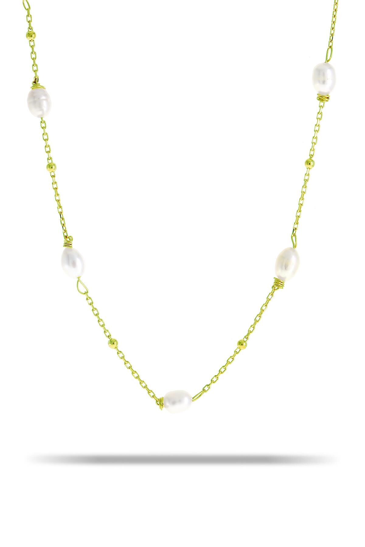 İncili Altın Yaldızlı Gümüş Kolye 7332