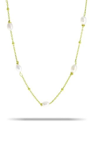 İncili Altın Yaldızlı Gümüş Kolye 7332