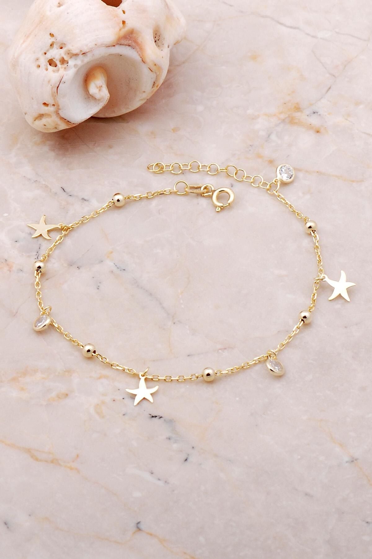 Yıldız Sallantılı Taşlı Altın Yaldızlı Toplu Gümüş Bileklik 3651