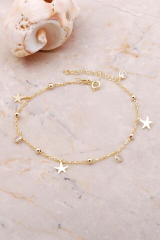 Yıldız Sallantılı Taşlı Altın Yaldızlı Toplu Gümüş Bileklik 3651