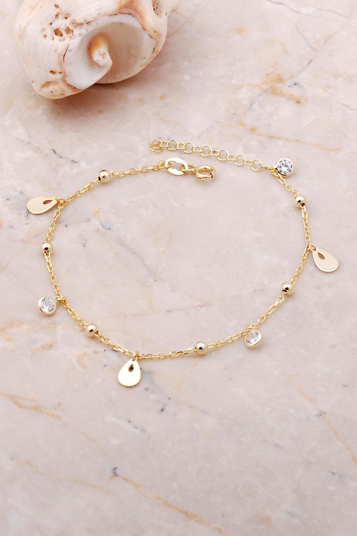 Damla Pullu Taşlı Sallantılı Altın Yaldızlı Gümüş Toplu Bileklik 3652