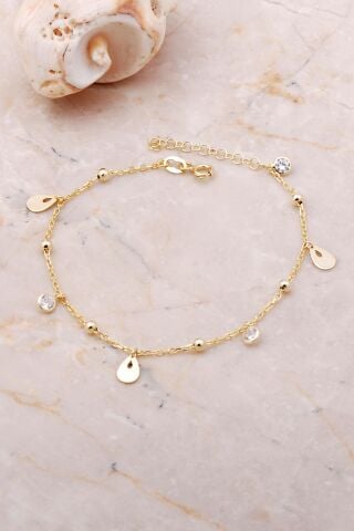 Damla Pullu Taşlı Sallantılı Altın Yaldızlı Gümüş Toplu Bileklik 3652