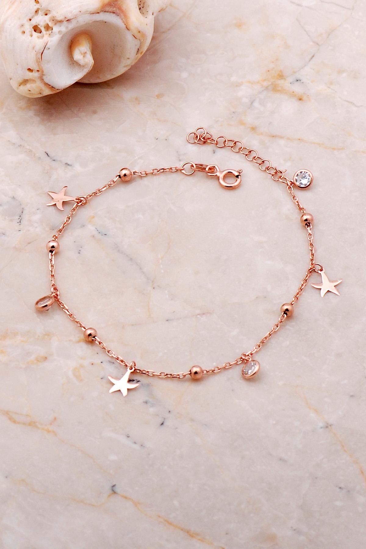 Yıldız Sallantılı Taşlı Rose Gümüş Toplu Bileklik 3653