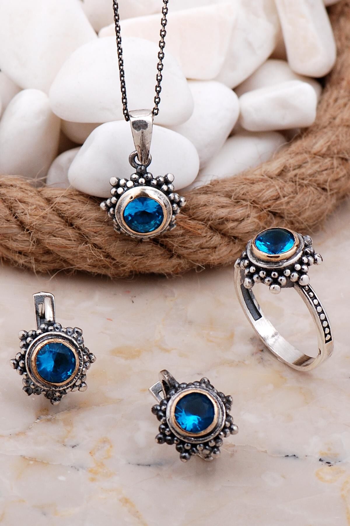Akuamarin Taşlı Gümüş Set 2570