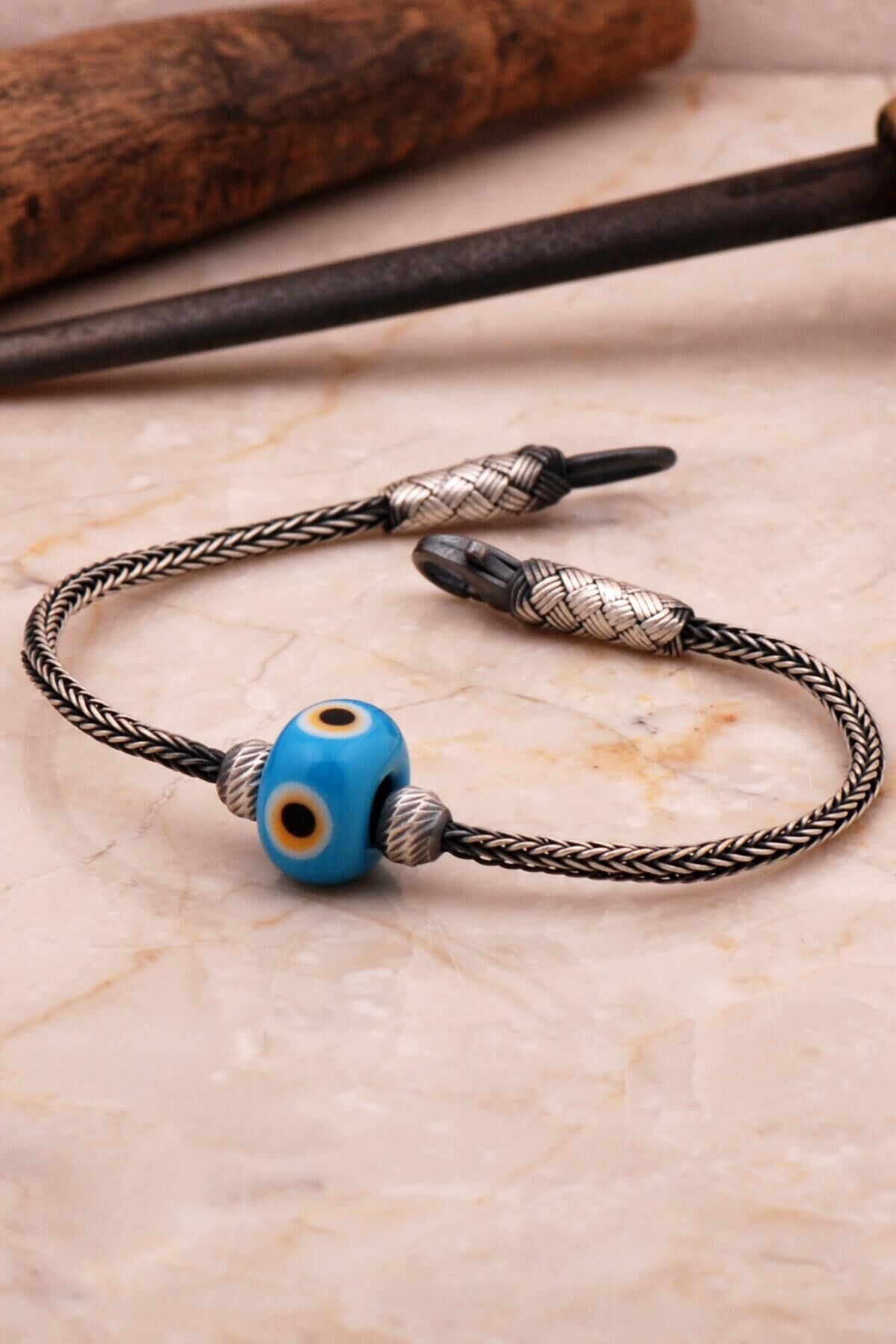 Kazaziye Dorika Nazar Boncuklu Oksitli 1000 Ayar Gümüş Bileklik 4583