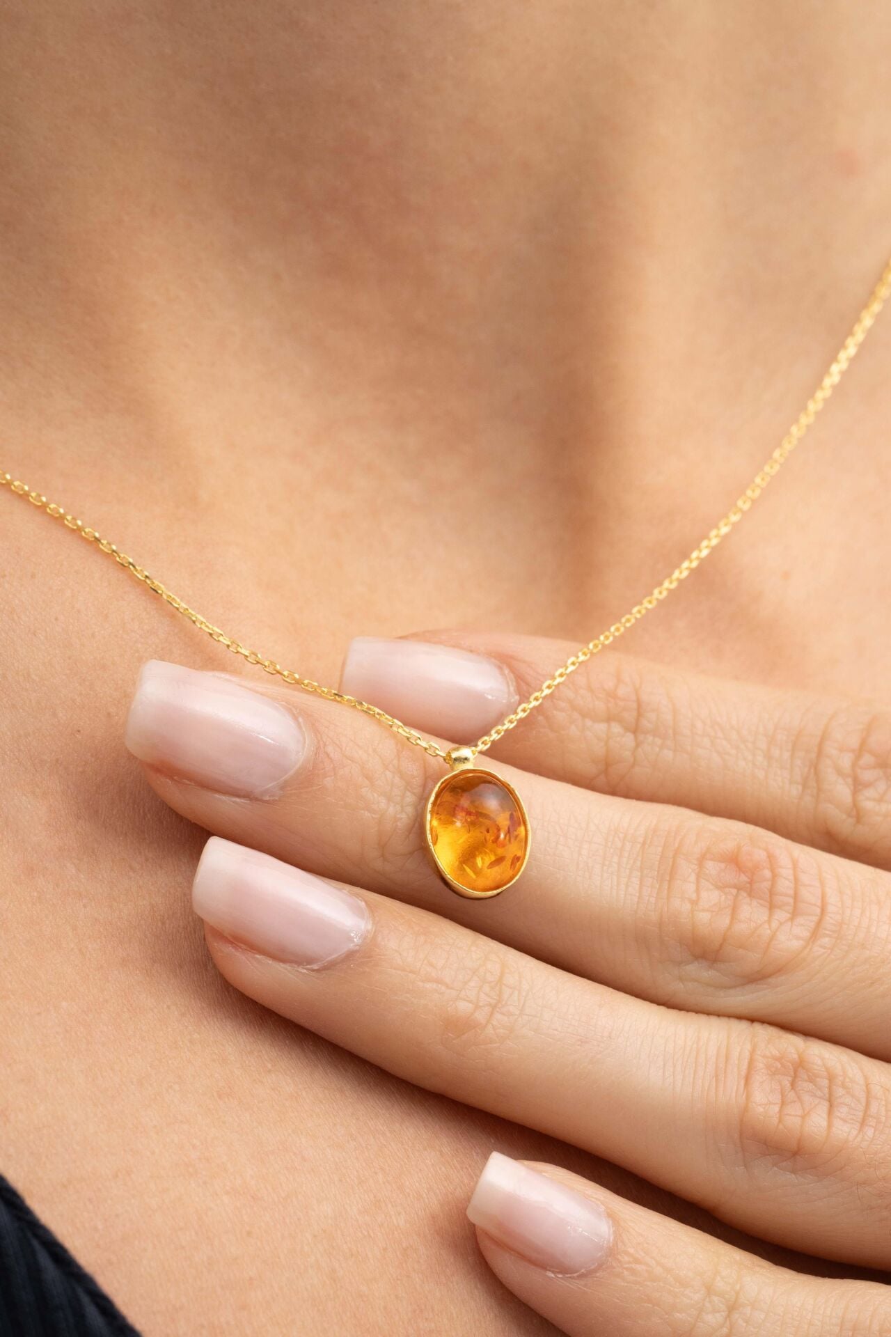 Kehribar Taşlı Altın Yaldızlı Gümüş Kolye 7337