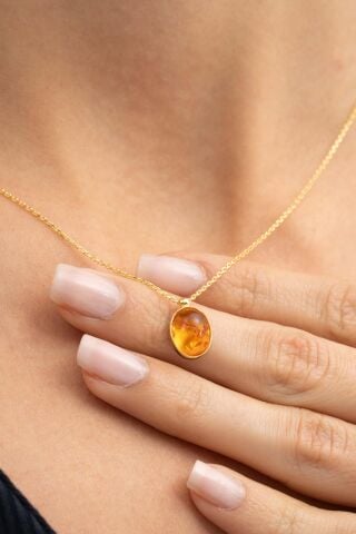 Kehribar Taşlı Altın Yaldızlı Gümüş Kolye 7337