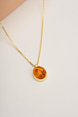 Kehribar Taşlı Altın Yaldızlı Gümüş Kolye 7337