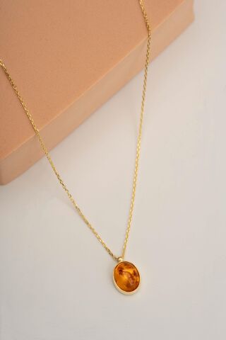 Kehribar Taşlı Altın Yaldızlı Gümüş Kolye 7337