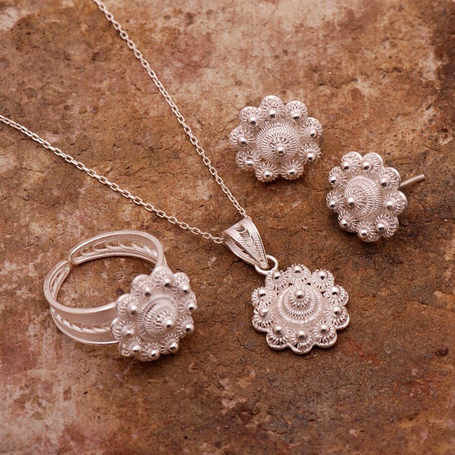 Papatya Tasarımlı Elişi Telkari Gümüş Set 1568